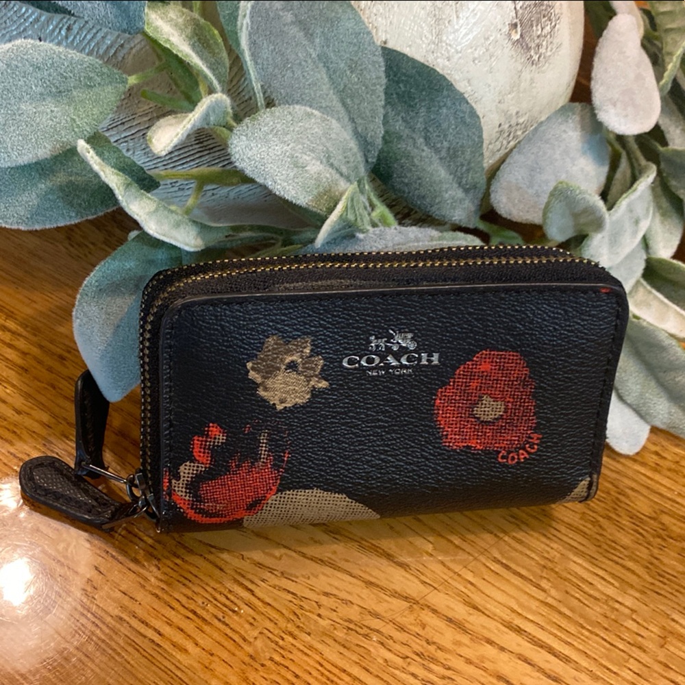 Coach Black and Red Key Card Holder with Floral Design